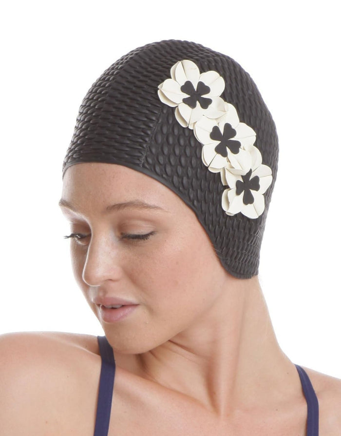 Fashy Flower Bubble swim cap in black with white floral neoprene design