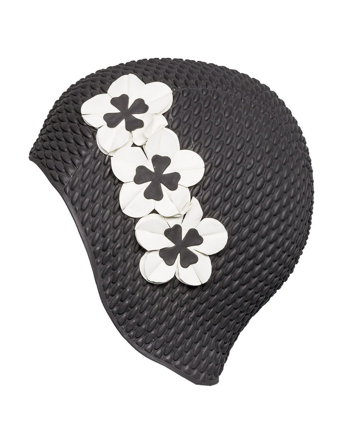 Black woven straw flower bubble swim cap with white flowers and gray lining
