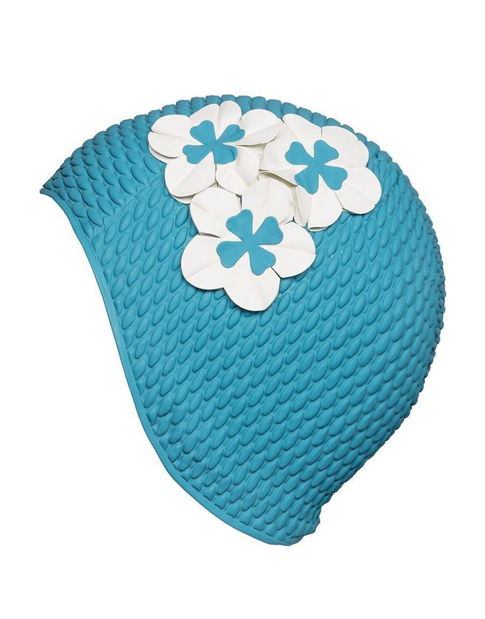 Turquoise Fashy Flower Bubble Swim Cap with white blue floral details