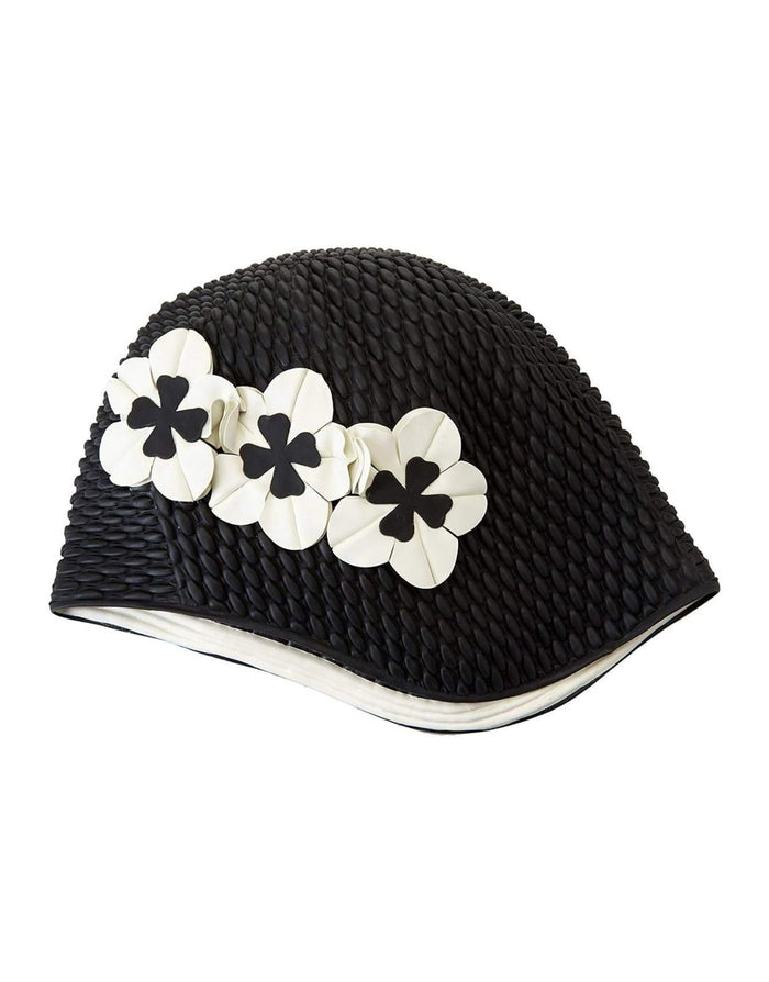Black woven straw flower bubble swim cap with white blooms