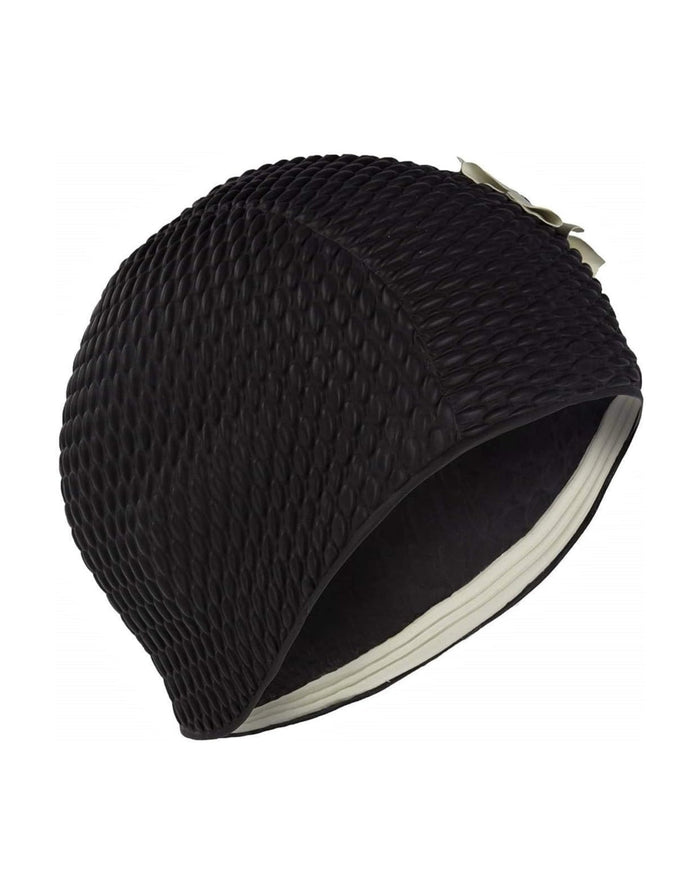 Black Fashy Flower Bubble swim cap with mesh and silver trim