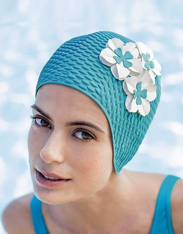 Turquoise textured Fashy Flower Bubble Swim Cap with white floral details