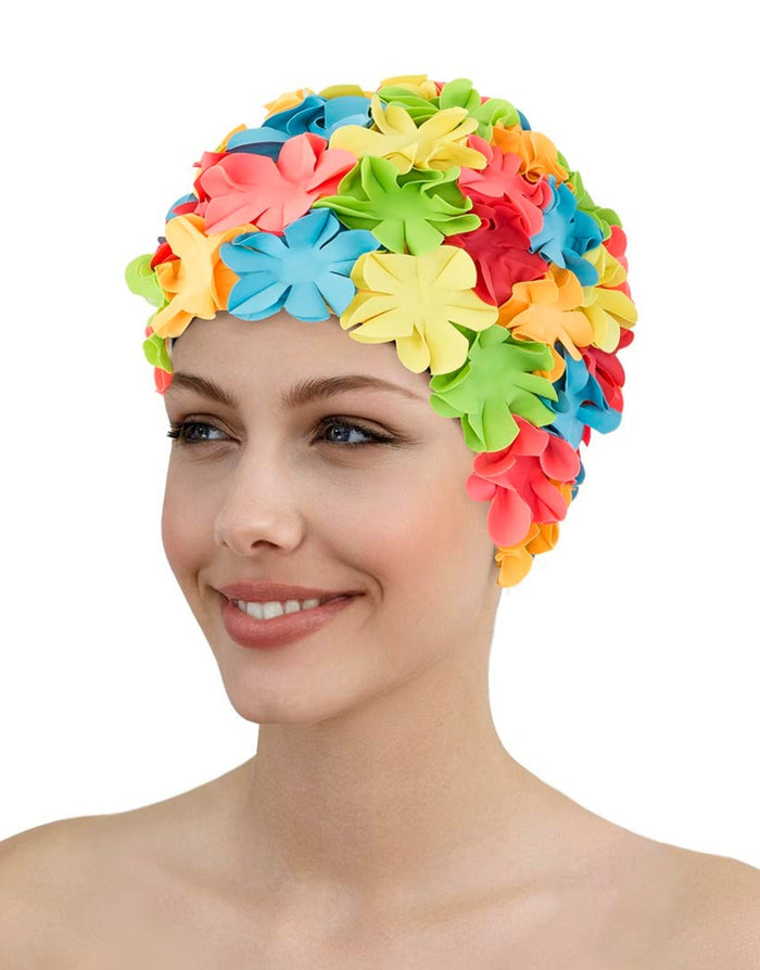 Colorful flower-patterned Fashy rubber swim cap in silicone