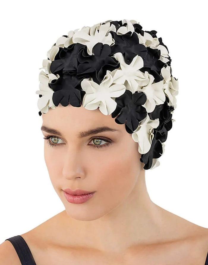Black and white Fashy Flower rubber swim cap with floral texture