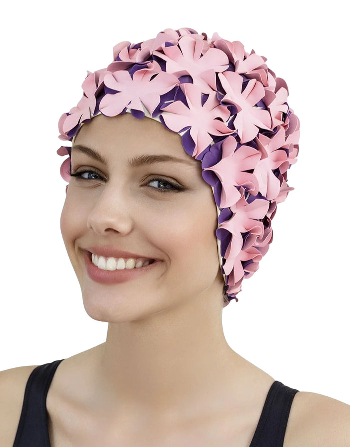 Fashy Flower Rubber Swim Cap in pink purple floral neoprene