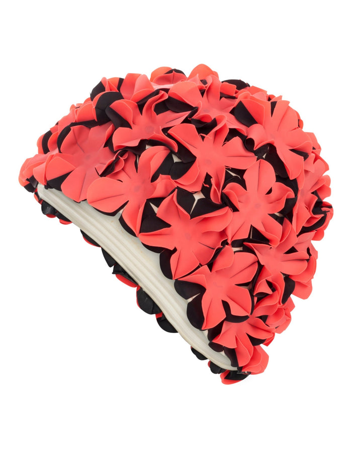 Red and black origami flower rubber swim cap with silver band