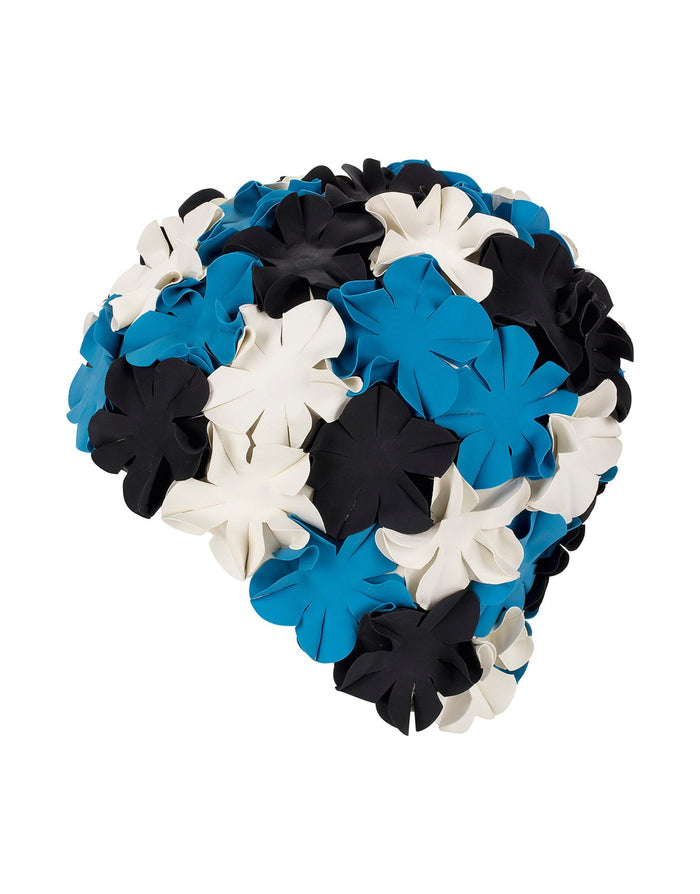 Blue and white flower ball on Fashy flower rubber swim cap