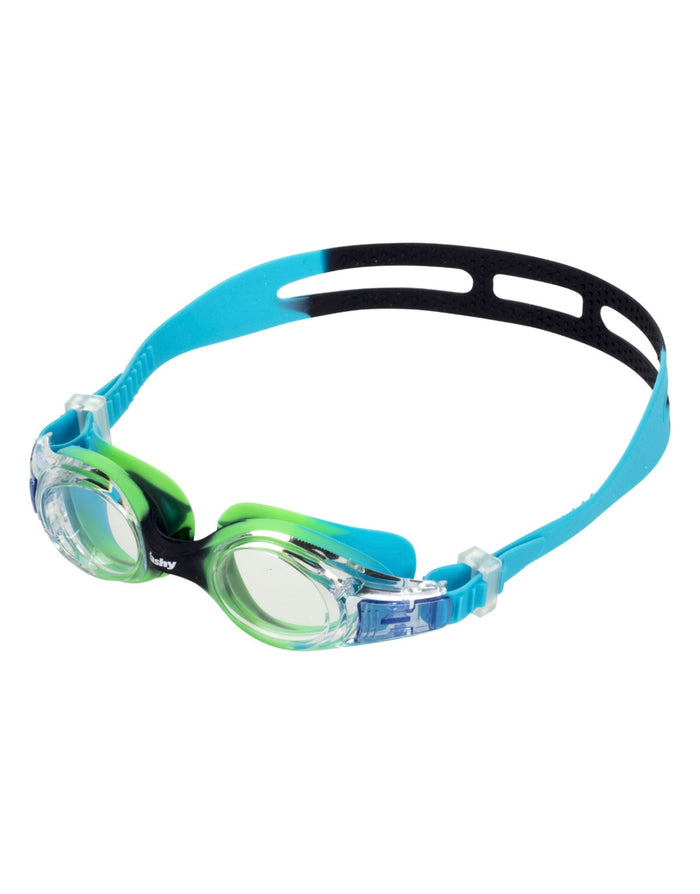 Fashy Junior Match Swim Goggles in blue and green with adjustable head strap