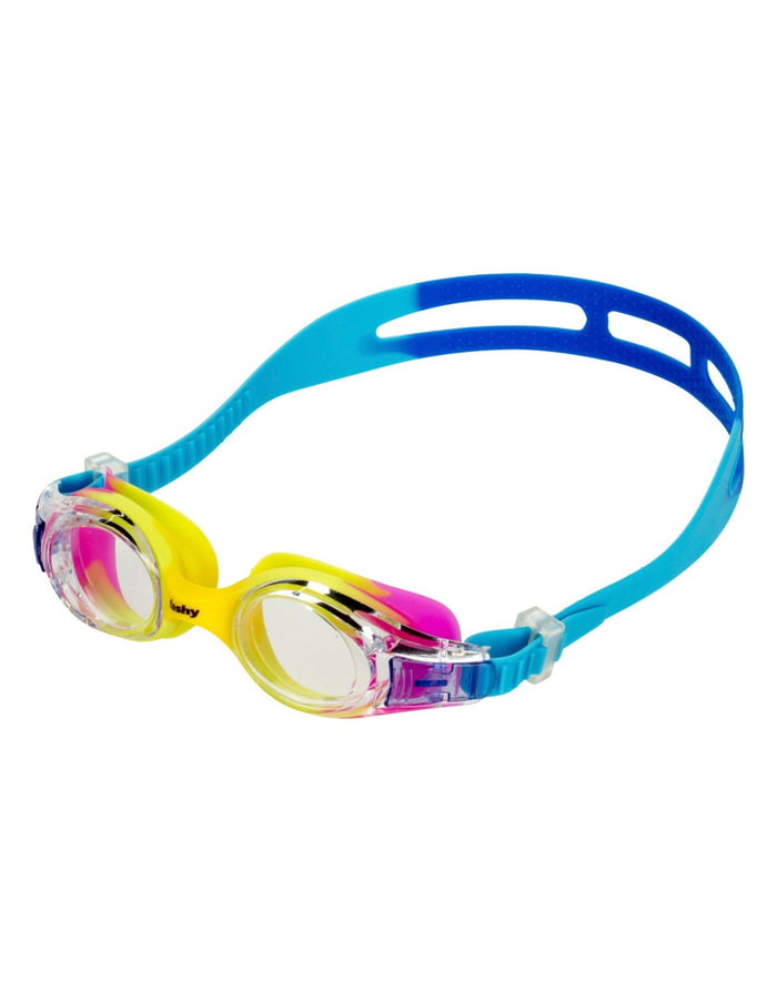 Fashy Junior Match Swim Goggles with multicolored silicone frame, clear lenses, adjustable head strap