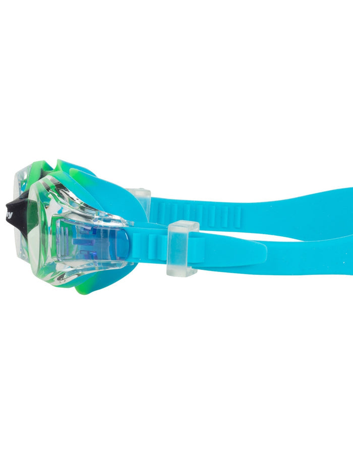 Fashy Junior Match Swim Goggles with blue green frames, clear lenses, silicone head strap