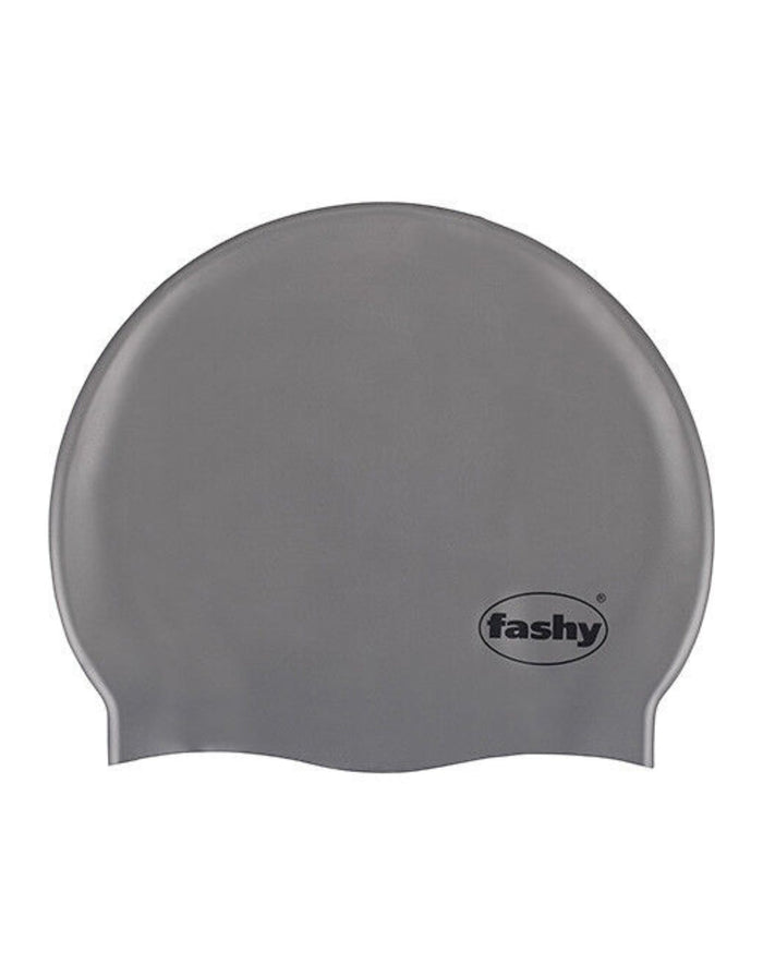 Gray Fashy silicone adult swim cap with logo reduces water resistance