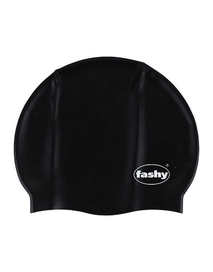 Black Fashy silicone adult swim cap with fashy logo reduces water resistance