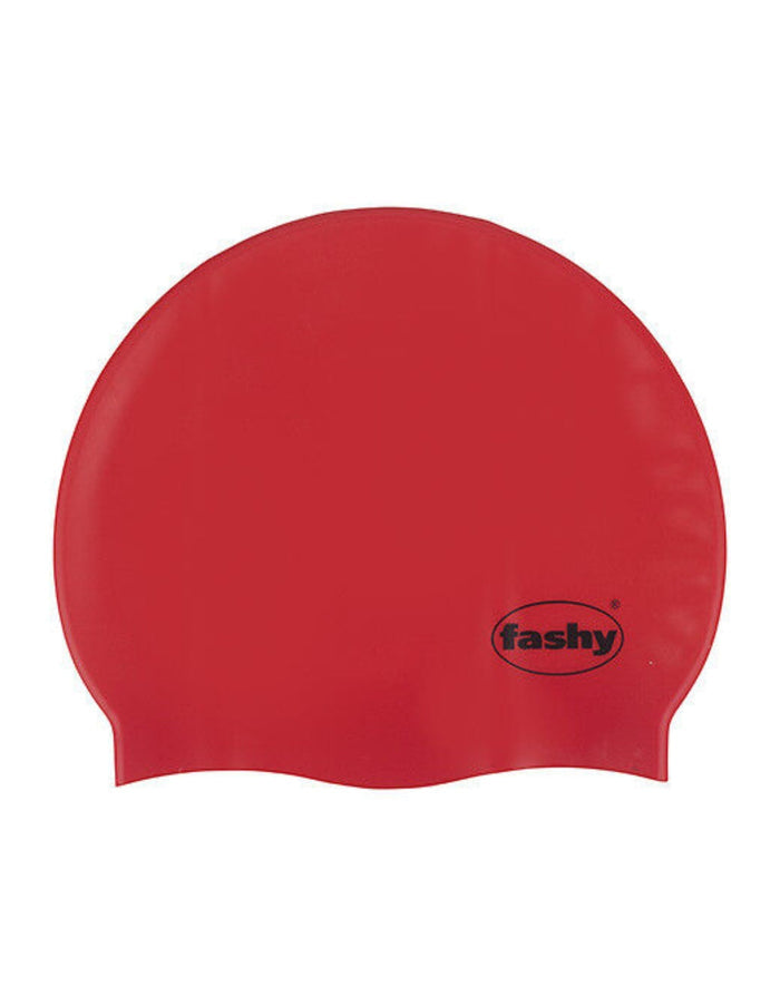 Red Fashy silicone adult swim cap with logo, reduces water resistance