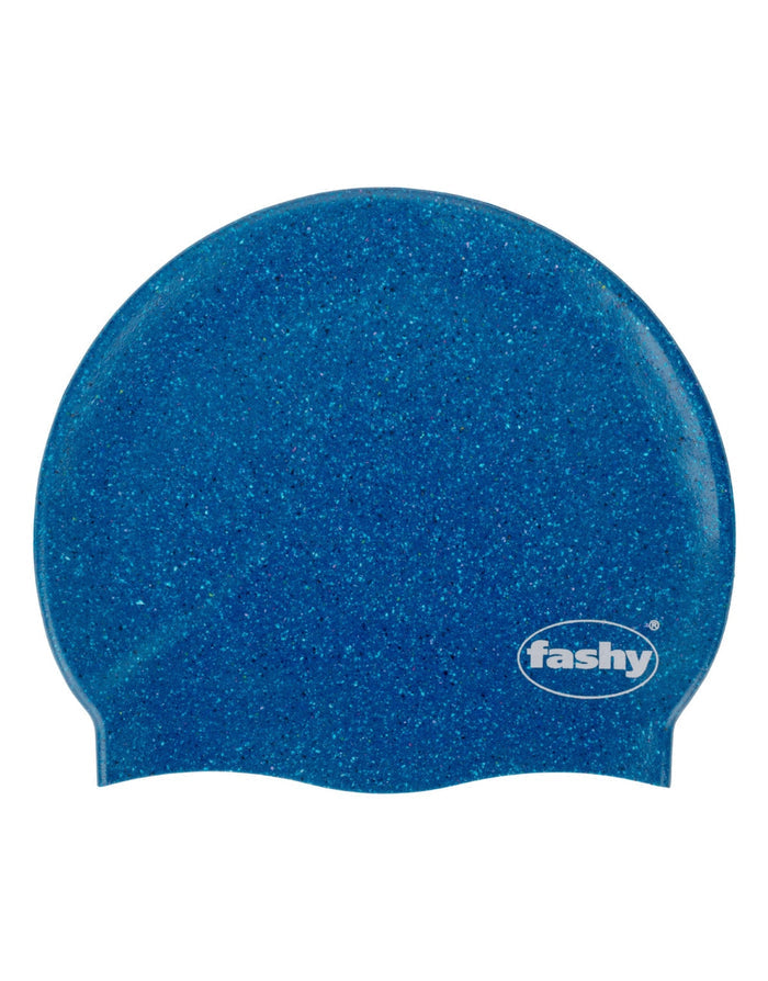 Blue sparkly Fashy silicone adult swim cap with fashy logo