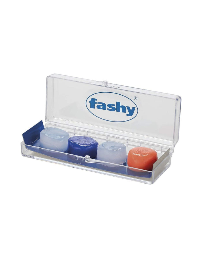 Clear Fashy silicone ear plugs case with blue logo and colorful pods