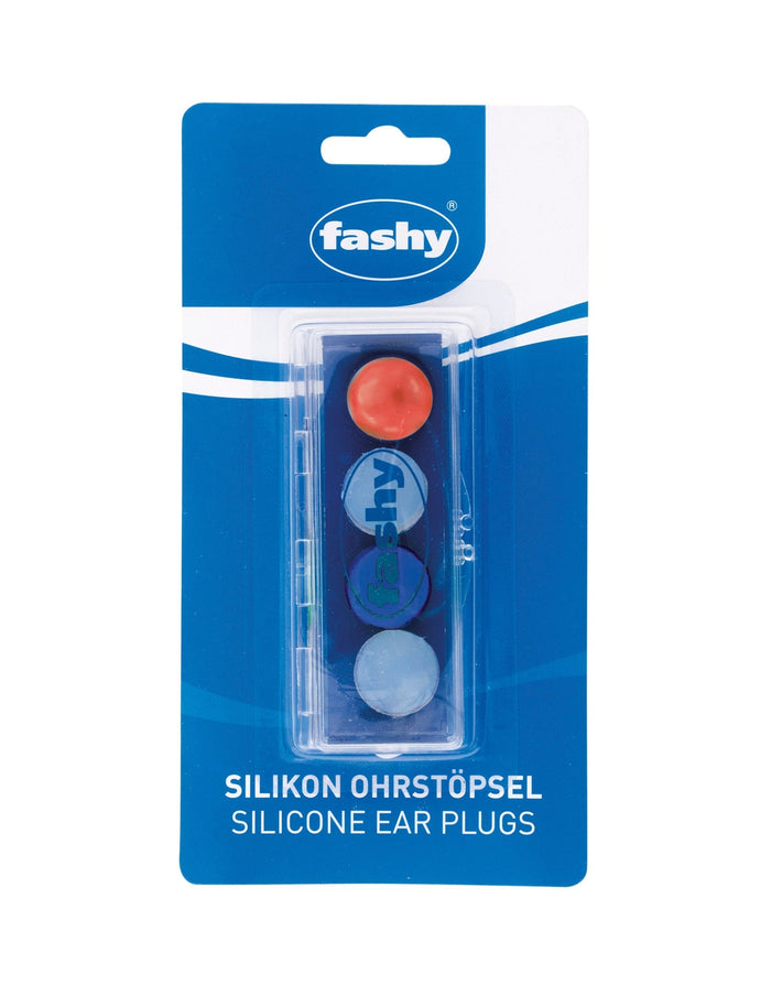 Fashy blue and orange silicone ear plugs, 2 pairs on card