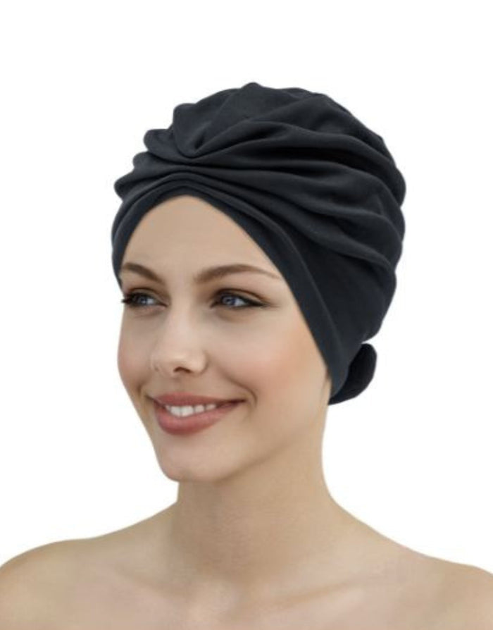 Black Fashy Turban Fabric Swim Cap with microfiber wrap