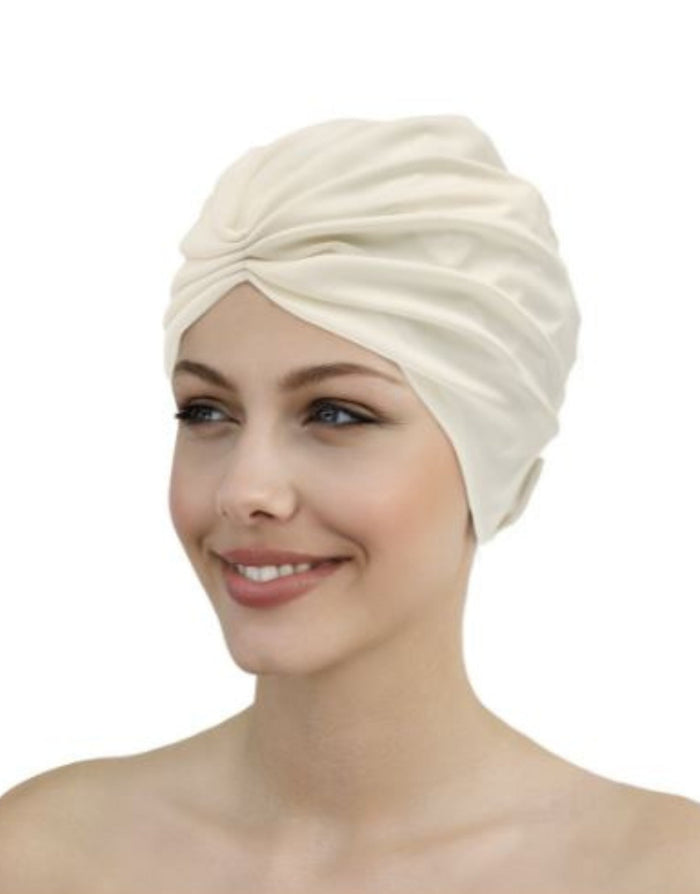 Cream-colored Fashy Turban Fabric Swim Cap with gathered soft texture