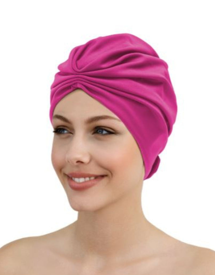 Magenta Fashy Turban Fabric Swim Cap with twisted knot design