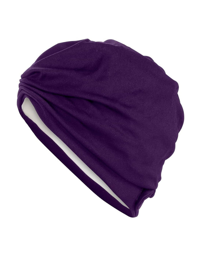Purple Fashy Turban Fabric Swim Cap with stretchy design and white lining