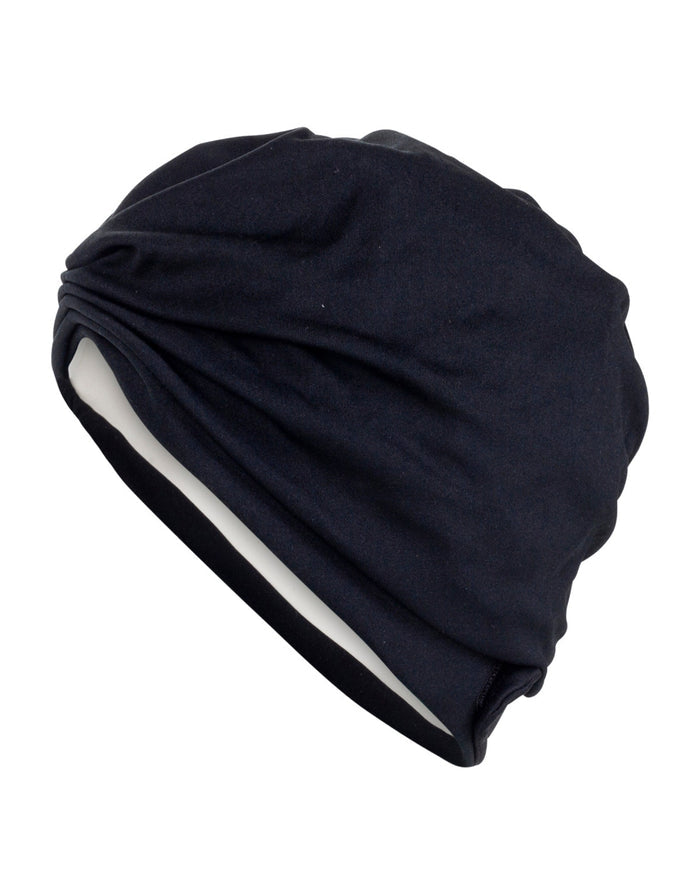 Navy blue Fashy Turban fabric swim cap with white trim and mesh back