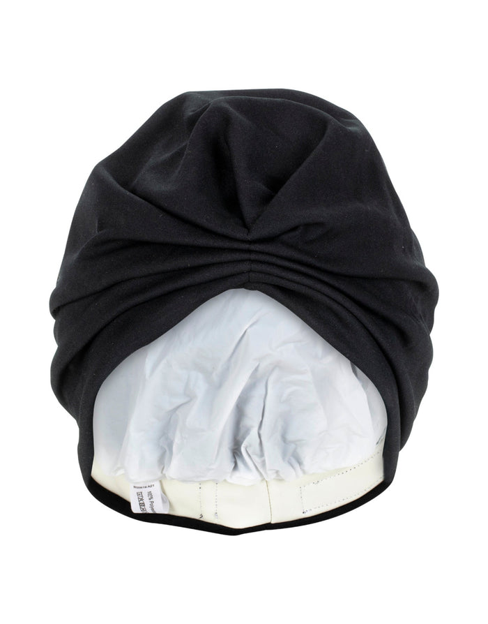 Black stretchy Fashy Turban Fabric Swim Cap beanie with silver lining