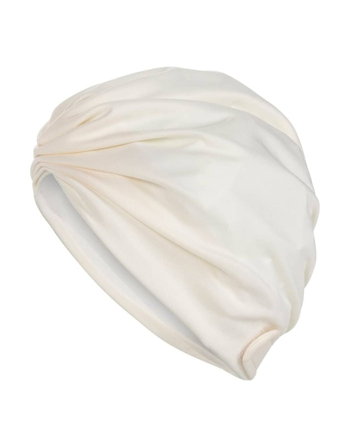 Cream-colored Fashy Turban Fabric Swim Cap with twisted knot design