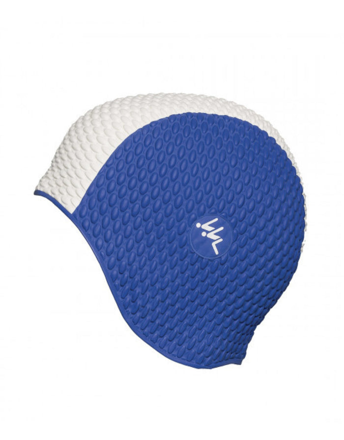 Royal blue and white two tone Fashy bubble swim cap with logo