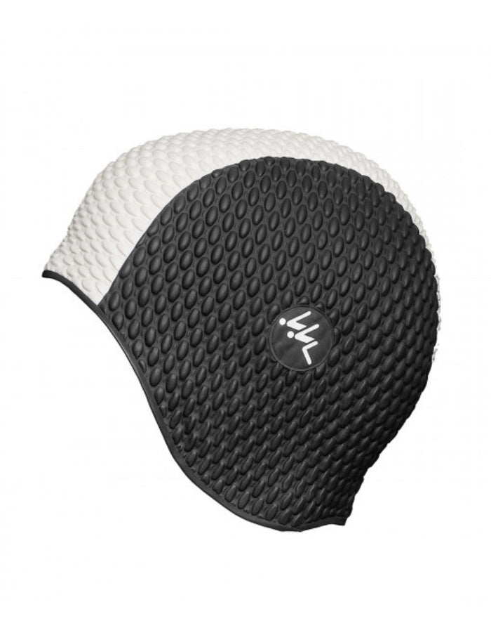Black and white two tone bubble swim cap with honeycomb texture