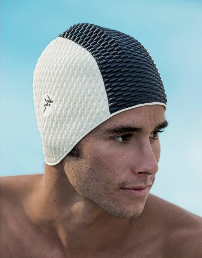 Fashy two tone bubble swim cap in white black honeycomb texture