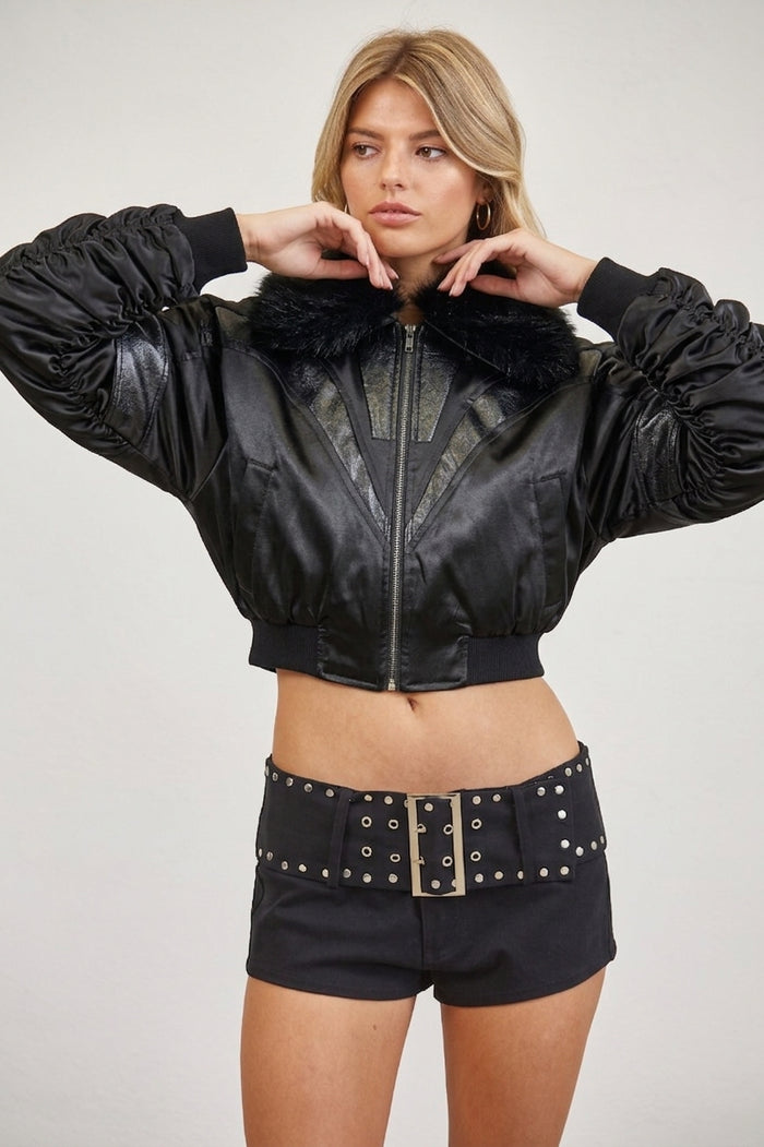 Faux Leather Bomber Jacket with Faux Fur Collar