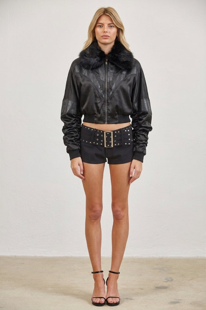 Faux Leather Bomber Jacket with Faux Fur Collar