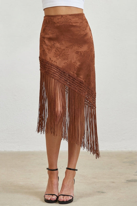 Floral Jacquard Fringe Asymmetrical Midi Skirt