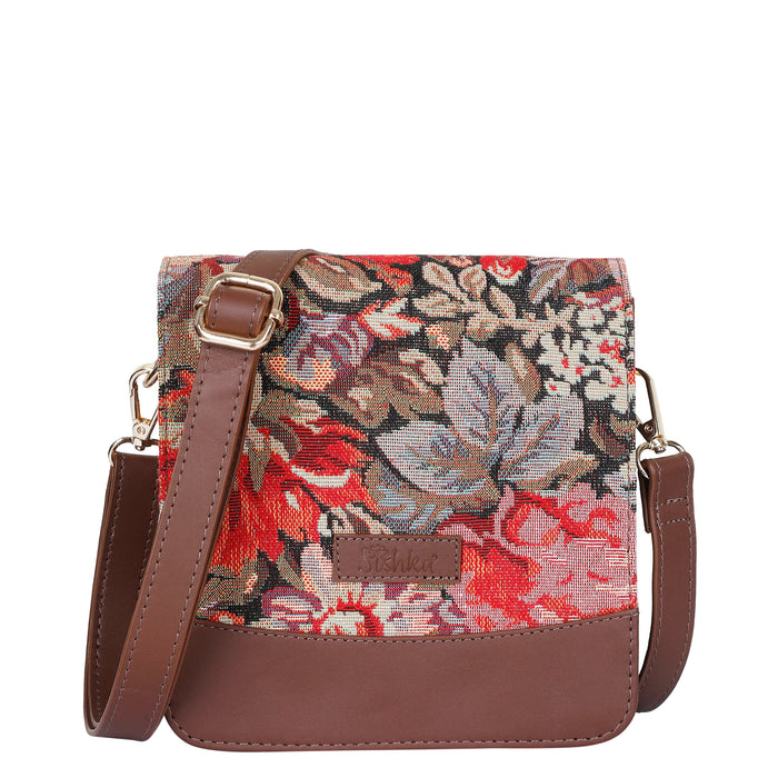 Women's Floral Tapestry Crossbody Sling Bag with Leather Trim - Canada & USA