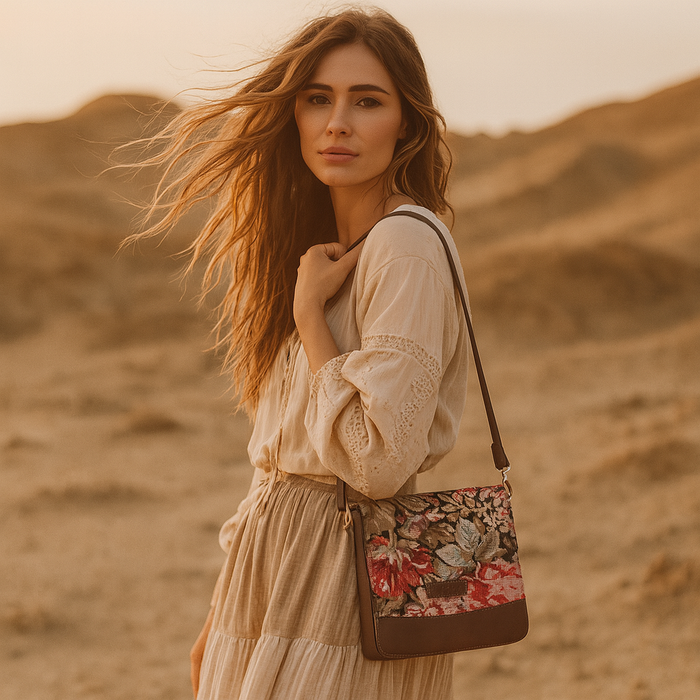 Women's Floral Tapestry Crossbody Sling Bag with Leather Trim - Canada & USA-model image