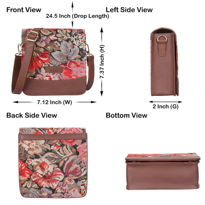 Women's Floral Tapestry Crossbody Sling Bag with Leather Trim - Canada & USA-infographic image