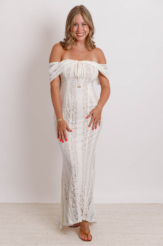 Lace Off Shoulder Maxi Dress- Cream Romantic Lace Maxi Dress- One and Only Dress