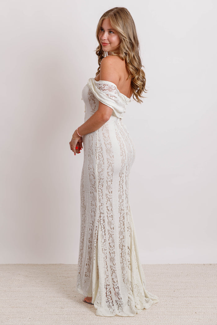 Lace Off Shoulder Maxi Dress- Cream Romantic Lace Maxi Dress- One and Only Dress