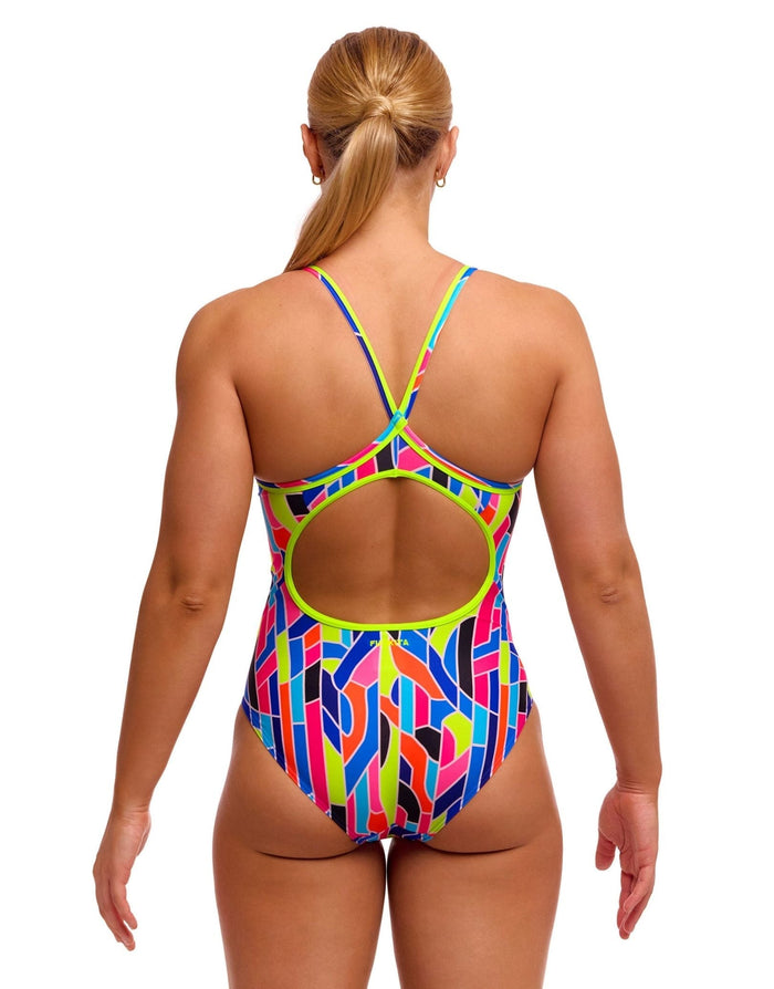 Funkita Fault Lines Diamond Back Swimsuit - Multi/Neon Green - Womens Swimwear