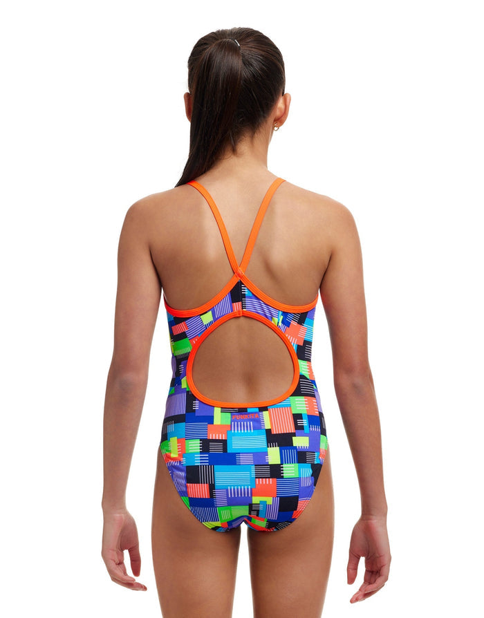 Funkita girls chip set diamond back swimsuit in multicolored geometric pattern with orange accents