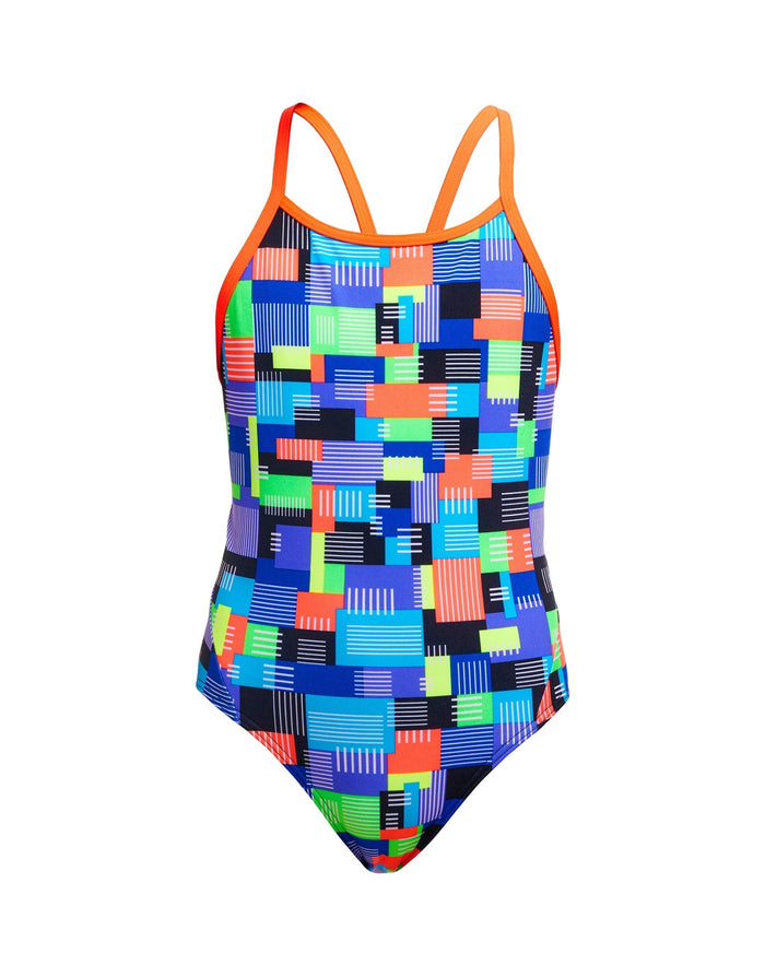 Funkita girls chip set diamond back swimsuit in multicolored geometric pattern with orange straps