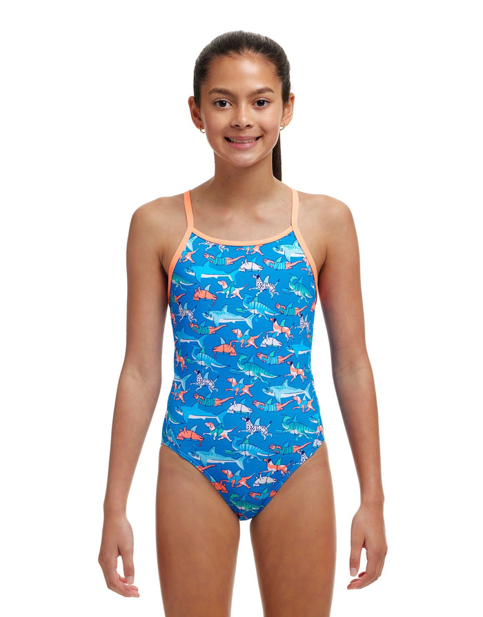Funkita girls fin swimming diamond back swimsuit in blue with orange straps