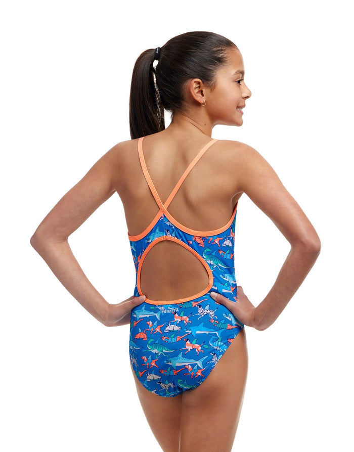 Funkita girls fin swimming diamond back swimsuit in blue with orange accents