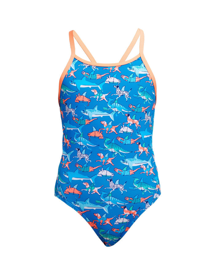 Funkita girls fin swimming diamond back swimsuit in blue with orange straps