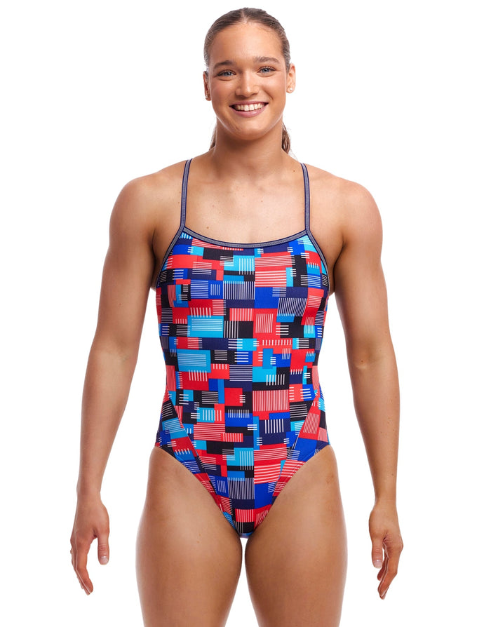 Funkita Motherboard single strap swimsuit in blue and red geometric patchwork
