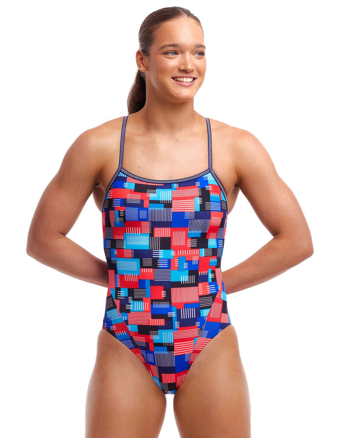 Funkita Motherboard single strap swimsuit in blue multi with red blue geometric pattern