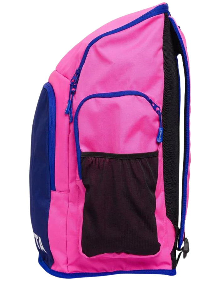 Funkita Tidal Blast Space Case backpack in pink with navy blue mesh pocket and straps