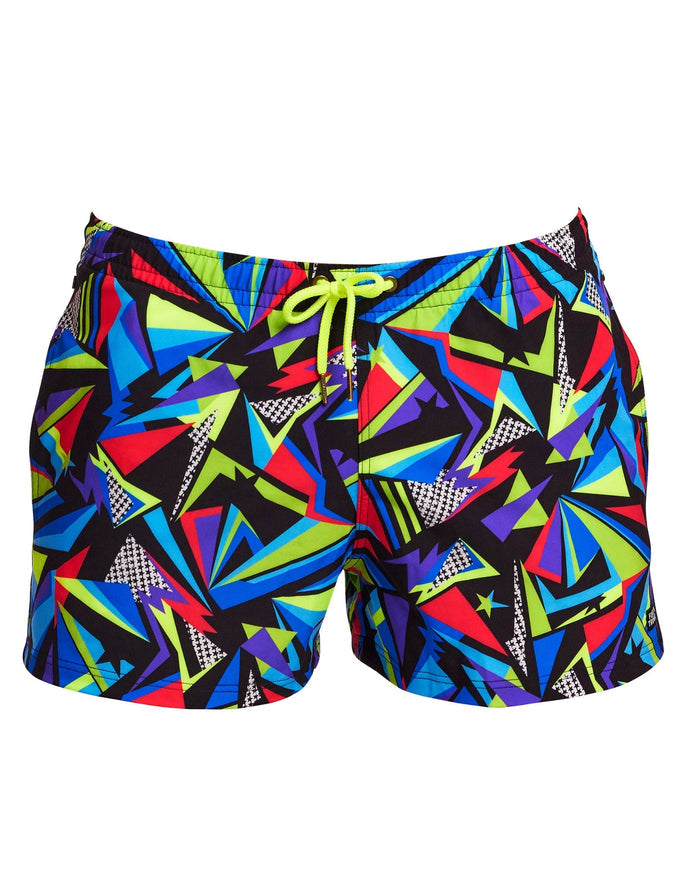 Funky Trunks Beat It shorty swim shorts in black/multi with neon geometric patterns