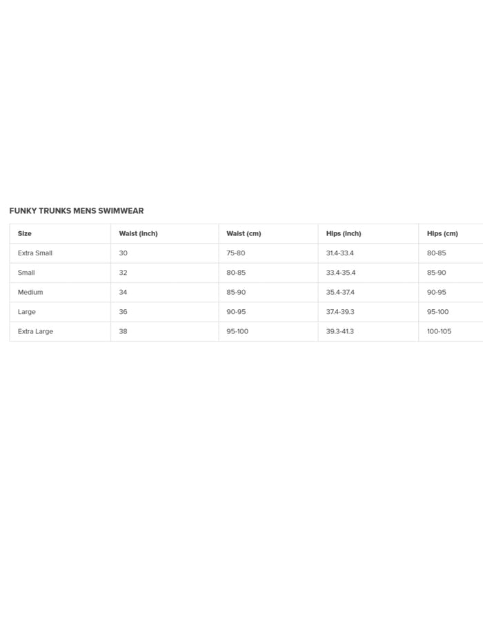 Funky Trunks Beat It shorty swim shorts size chart with cm measurements