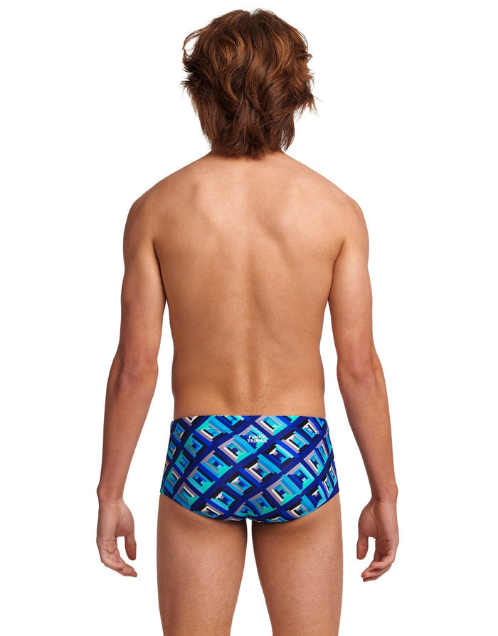 Funky Trunks Boys blue bunkers sidewinder swim trunks with geometric pattern